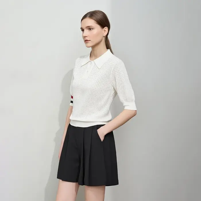 Chemises Polo AMII Femme Printemps 2026 Nouveau Col Revers Décontracté Contraste de Couleurs Rayé Tricoté T-shirts Haut