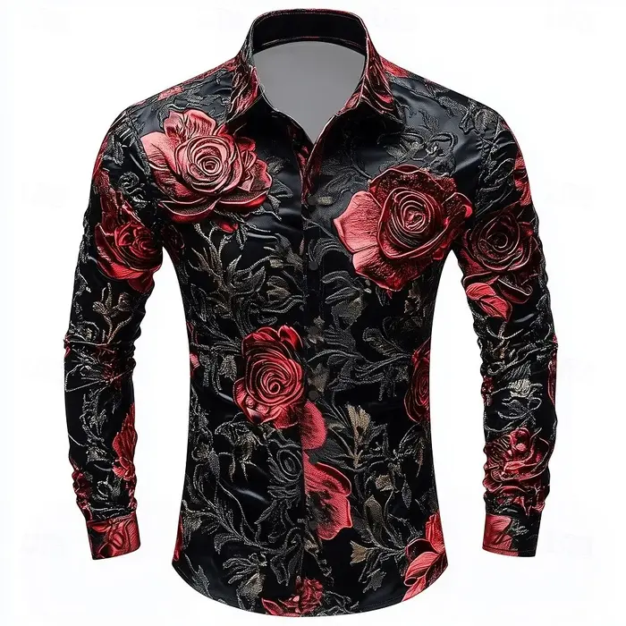 Chemise hawaïenne Rose rouge chemise imprimée chemise de mode homme chemise à manches longues chemis