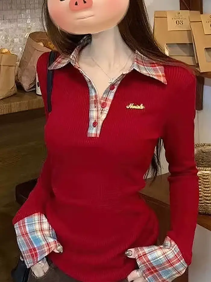 T-shirt à col polo à carreaux à manches longues pour femme