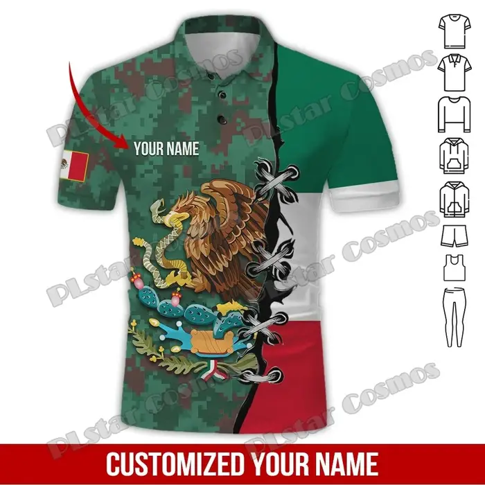 Nom personnalisé mexique blason 3D partout imprimé mode hommes Polo été décontracté unisexe à manches courtes