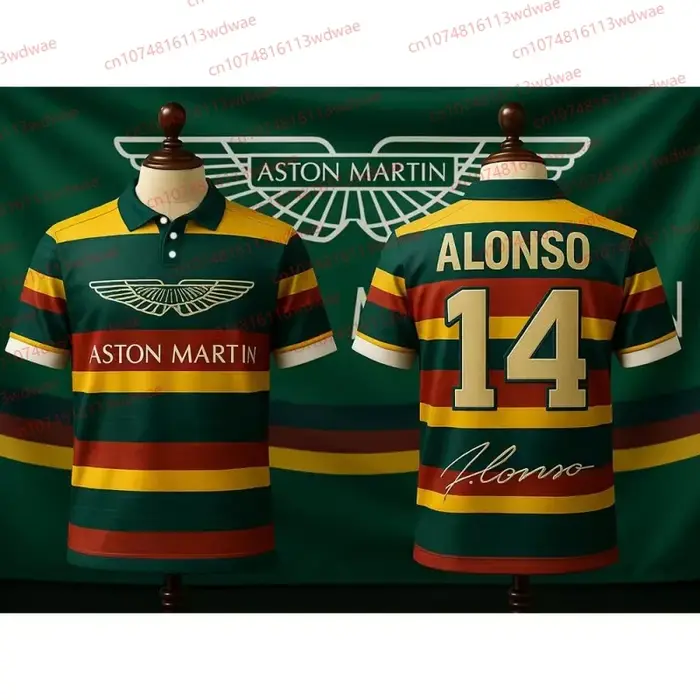 Aston Martin Racing Team Training Street Style Button Polo Shirt Fernando Alonso 14 Vêtements à manches courtes pour hommes et femmes