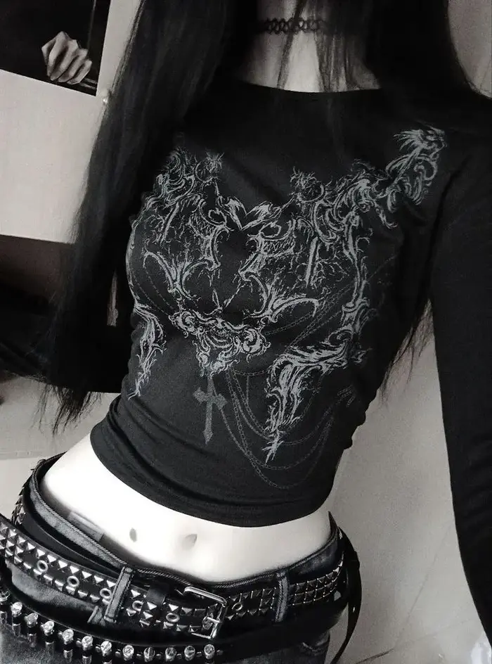 Punk Crop Tops Femmes T-shirt Gothique Streetwear Manches Longues Hip Hop T-shirts Femme Vintage Vêtements Grunge Y2k