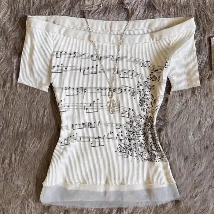 Coréen 2000s Punk Goth filles graphique hauts épaules nues Sexy dentelle coton t-shirts mignon motif de musique Y2K