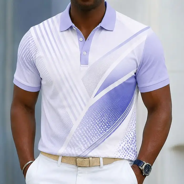 Polo pour homme vert clair à rayures diagonales blanches et imprimé à pois, hauts décontractés pour le printemps, l'été, le golf et les occasions quotidiennes