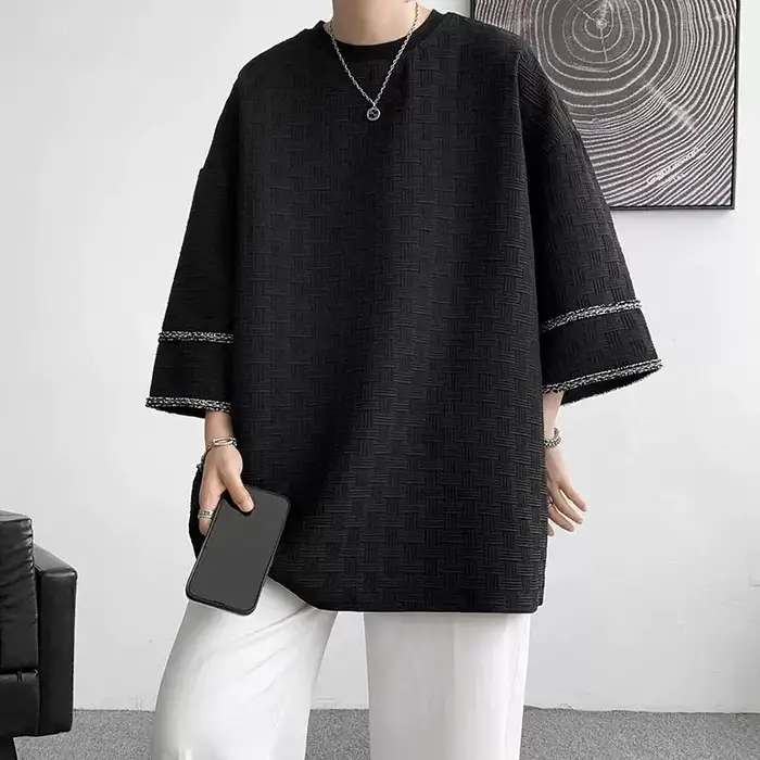 Vêtements pour hommes demi manches pulls élégant ligne lumineuse décoration été décontracté col rond tout-match couleur unie T-shirts amples