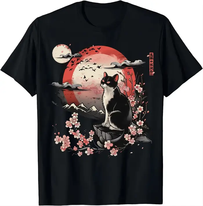 T-shirt pour femme avec motif de chat d'anime mignon, style rétro japonais, motif de chat amusant, T