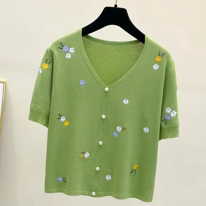 T-shirt femmes 2025 été col en v coton pull