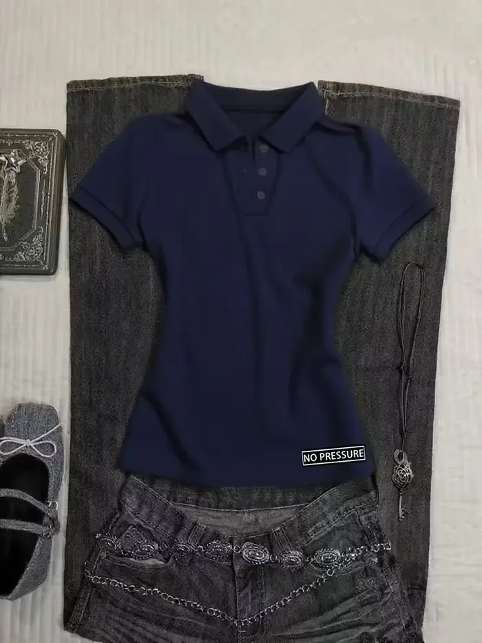 Polo slim noir Y2K pour femme, vêtements de travail, hauts imprimés rouges