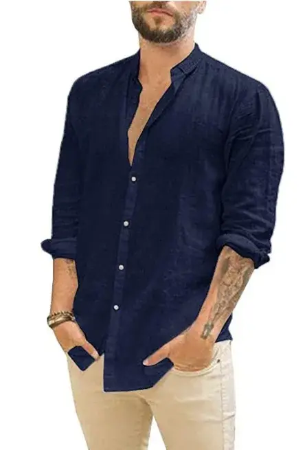 Chemise hawaïenne en lin à manches longues pour homme, blouse respirante et confortable, couleur uni