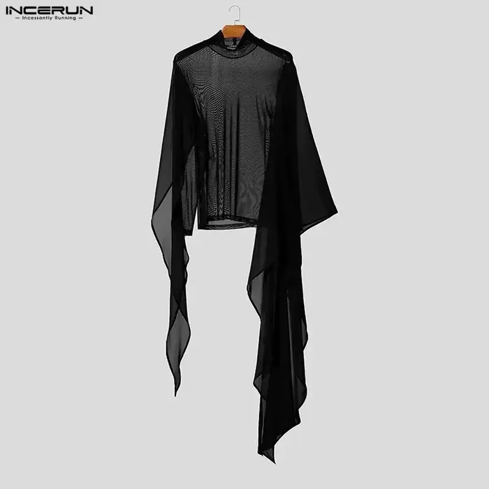 INCERUN hommes t-shirt maille Patchwork voir à travers col roulé à manches longues