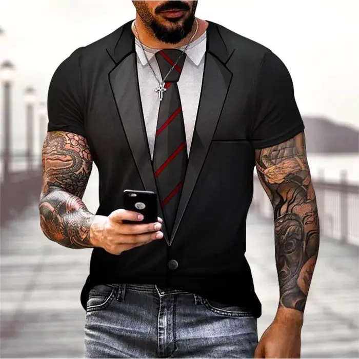 Mode d'été drôle faux costume 3D imprimé T-shirt manteau de queue cravate