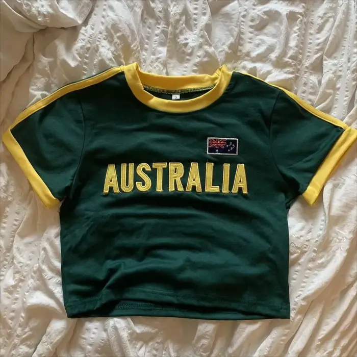 T-shirt vert d'été pour femmes, haut court avec lettres imprimées australiennes, décontracté, manche