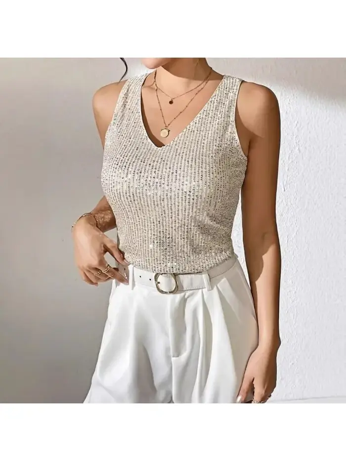 Le nouveau t-shirt sexy à col en V et sequins