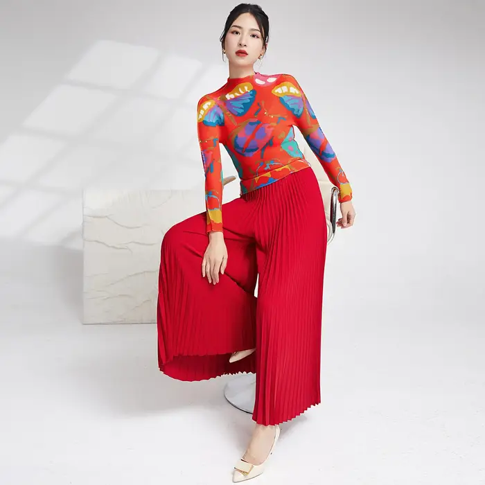 Vente chaude plissé artisanat haut femmes mode imprimé Blouse élastique à manches longues T-Shirt
