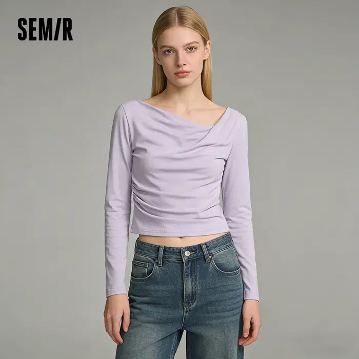 T-shirt Slim Fit Femme Semir Printemps 2026 Col Asymétrique Épaule Oblique Couleur Unie Décontracté Tendance Élégant