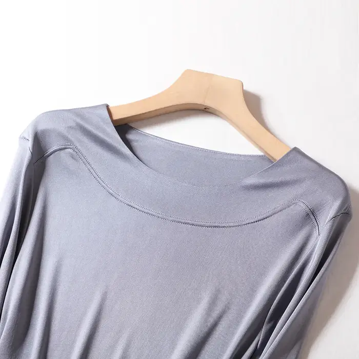 T-shirts en soie véritable Birdtree pour femme, col rond, uni, décontracté, manches longues, basique