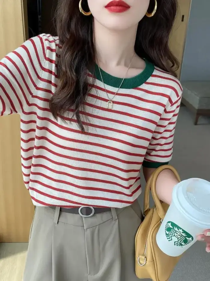 2025 hauts à rayures femmes tricoté col rond été imprimé à manches courtes décontracté Simple sauvage T-Shirt