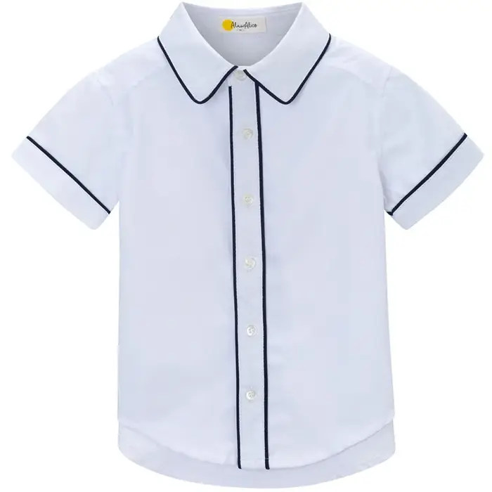 Chemise Blanche à Manches Courtes pour Garçons avec Col à Revers et Passepoil Bleu Marine, Chemises 