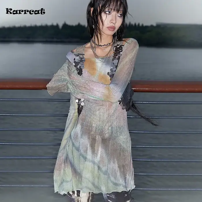Karrcat Trashy Y2k cravate-teinture maille hauts Grunge esthétique manches évasées hauts transparent