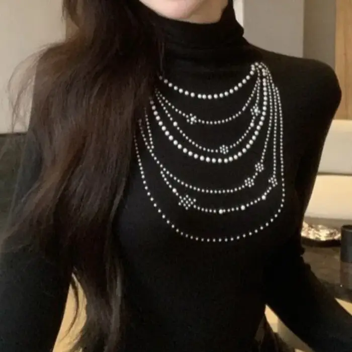 Y2k col roulé t-shirt pour femmes strass noir polyvalent Ropa De Mujer mode coréenne