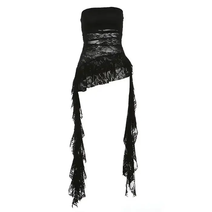 Doux Sexy Irrégulier Asymétrique Mince Débardeur Y2k Harajuku Dentelle T-shirt Femmes Noir Blanc Hauts À Volants Mignon Top Corset À La Mode Nouveau