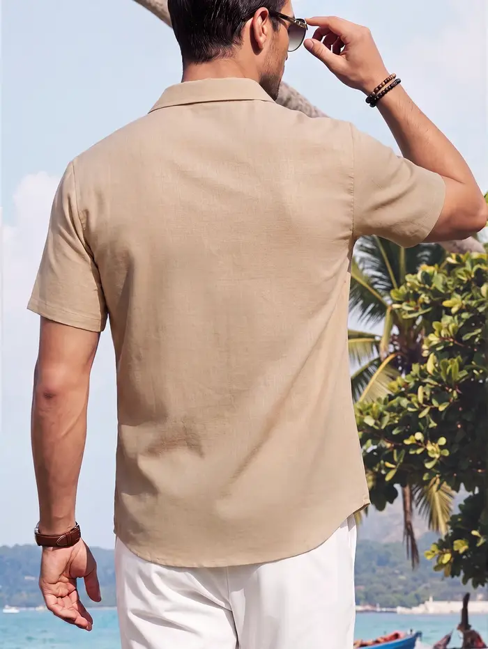 Nouveauté estivale : Chemise pour homme de haute qualité avec col cubain - Tissu aspect lin, idéale pour les vacances à la plage et les loisirs en plein air