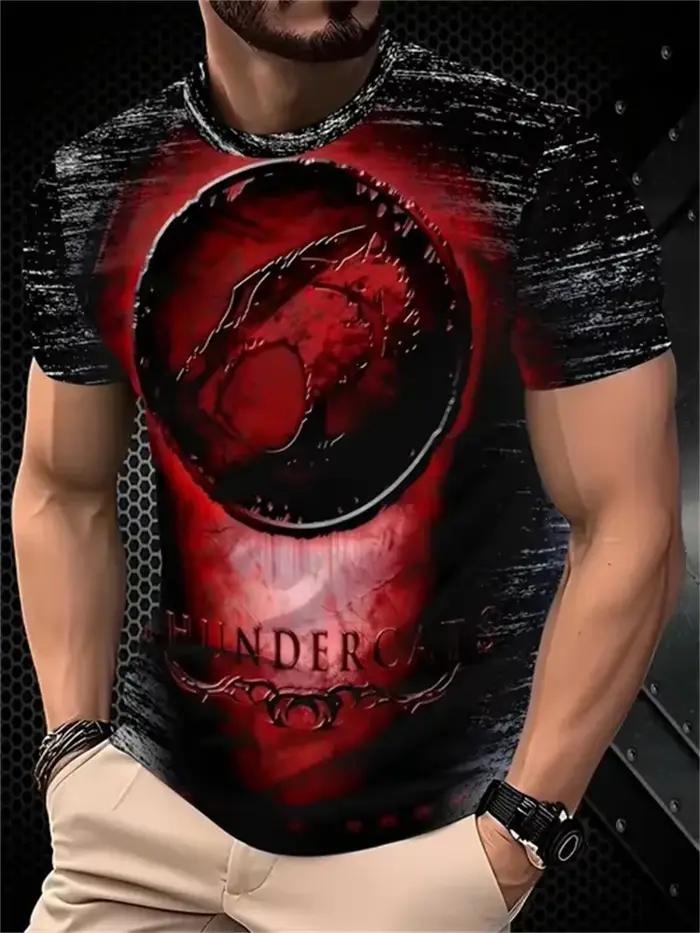 T-shirt imprimé avec logo Thundercats pour hommes, rétro, rouge, noir, col rond, manches courtes, dé