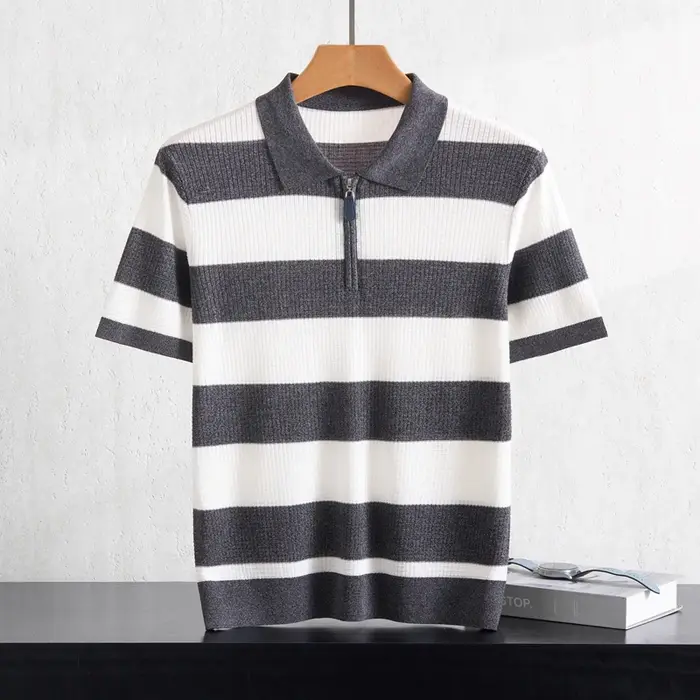 T-shirt pour homme à col polo rayé en tricot à manches courtes 100% Lyocell respirant et confortable