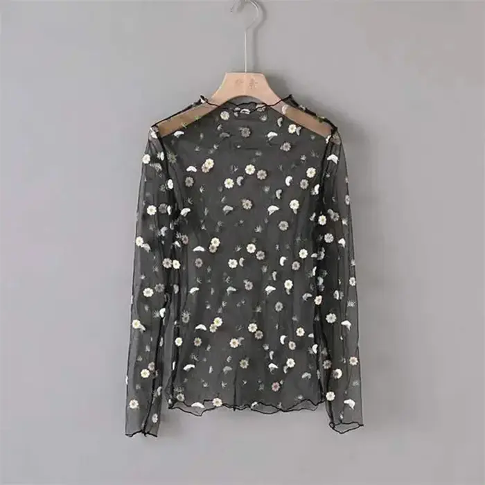T-shirt transparent en maille pour femme, haut à manches longues, col roulé transparent