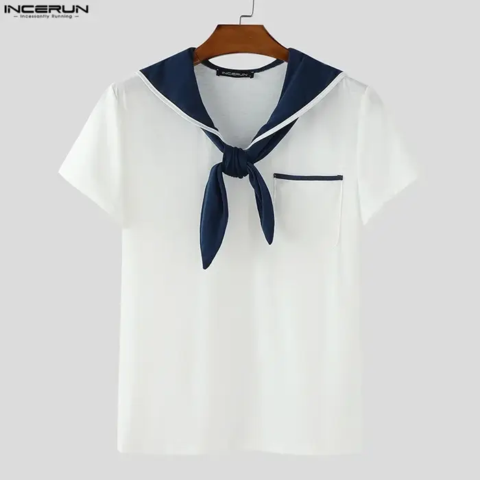 INCERUN hommes t-shirt Patchwork été col marine à manches courtes