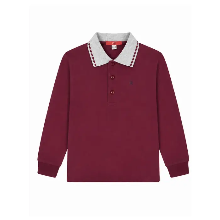 Polo à manches longues CH Bourgogne avec col gris contrastant brodé en coton doux pour enfants