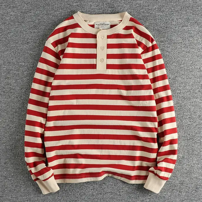 Automne américain rétro 230g poids lourd col Henry rayé T-shirt hommes mode 100% coton lavé décontracté ample résistant gars hauts