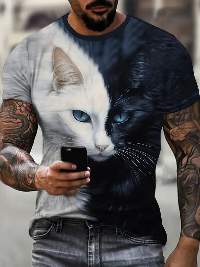 T-shirt manches courtes col rond pour homme, estival et décontracté, avec motif de chat de dessin an