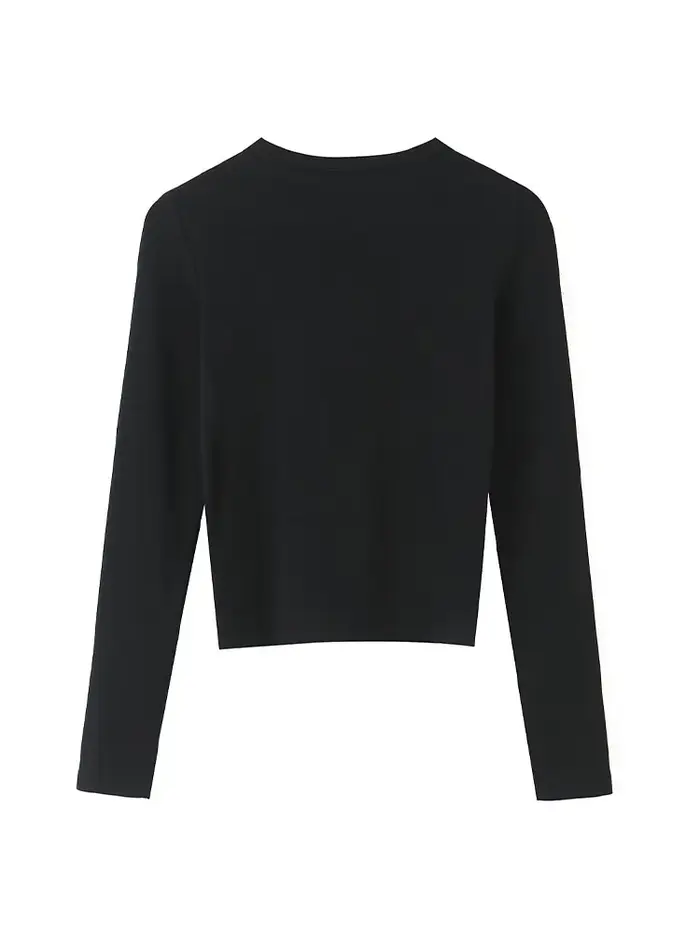 T-shirt Femme Printemps Mode Casual Slim Style Urbain Élégant Col Rond Manches Longues Chic Uni 3 Couleurs Hauts Courts