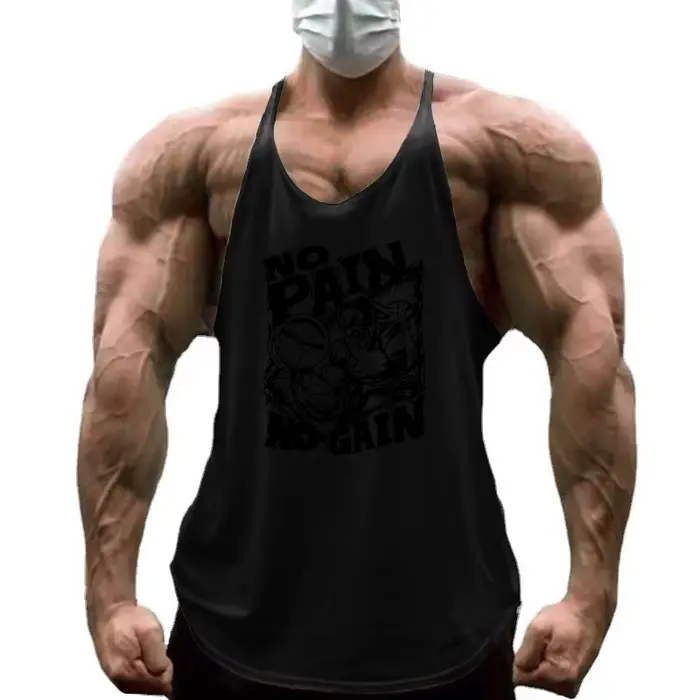 NO PAIN NO GAIN Imprimé Gym Fitness T-Shirt Hommes Musculation Sport Sans Manches Gilets Coton Respirant Y-back Bretelles Débardeurs