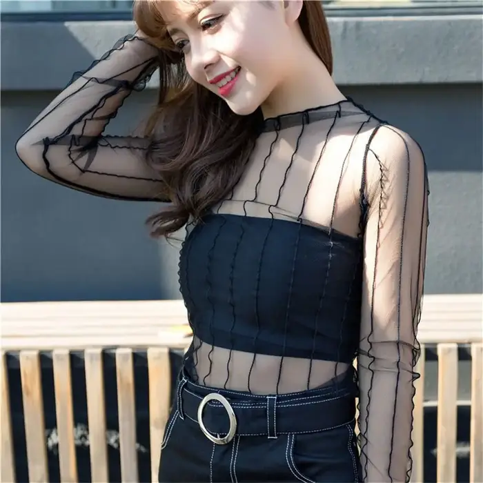 T-shirt à manches longues en dentelle transparente pour femmes et filles
