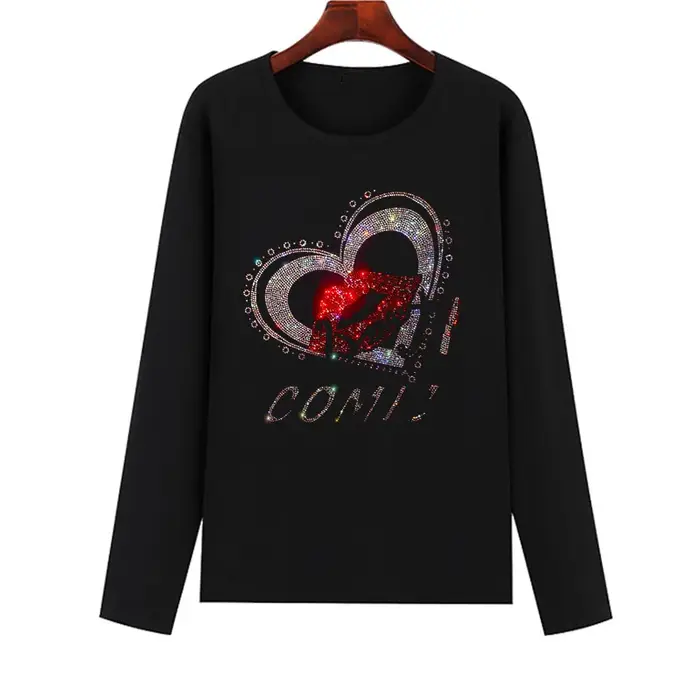 T-shirt à manches longues pour femmes, en coton doux, à la mode, avec motif de lèvres rouges et de b