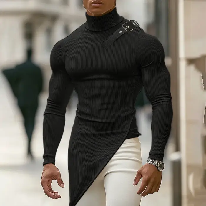 Mode solide fosse rayure T-shirt hommes col montant à manches longues conception irrégulière pull coupe ajustée élastique sport t-shirts Streetwear