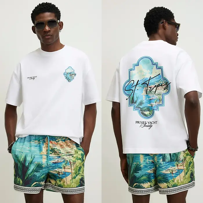 T-shirt en coton blanc surdimensionné St Tropez, imprimé graphique, coton haut de gamme, style unise