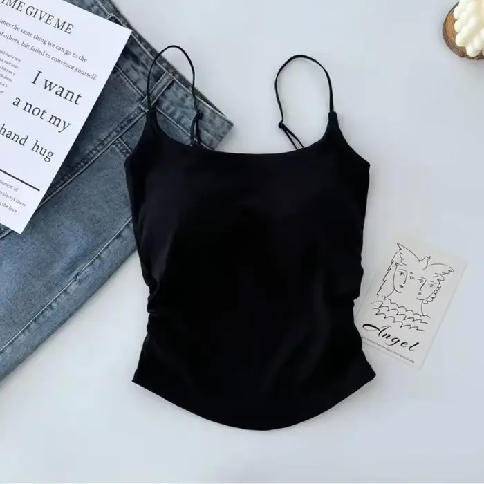 Nouveau femmes débardeurs été couleur unie soutien-gorge intégré Camisole décontracté mince sans manches plis