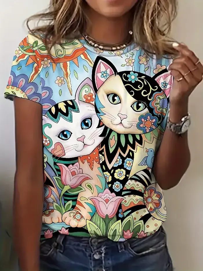 T-shirts Kawaii Chaton Imprimé 3D Animaux Femme Décontracté Manches Courtes Col Rond T-shirt Harajuku Y2K Hauts Vêtements Féminins