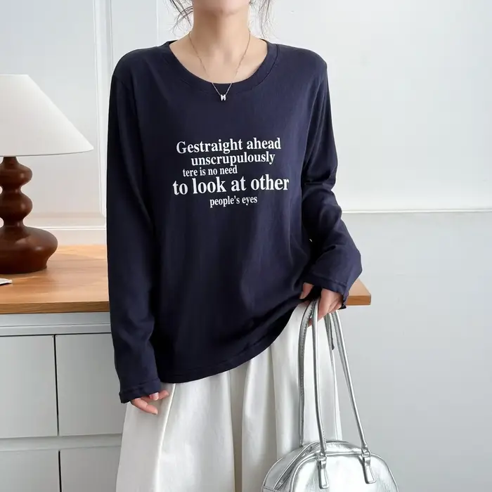 Mode grande taille femmes T-Shirt automne nouveau Style basique décontracté imprimé lettre à manches longues mince hauts