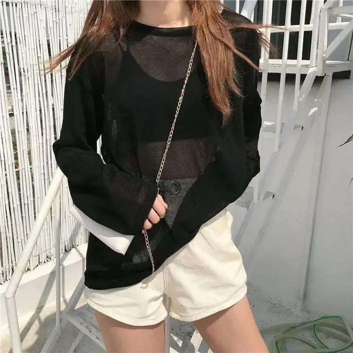 Femmes surdimensionné T-shirt printemps été col rond décontracté mode ample mince à manches longues 