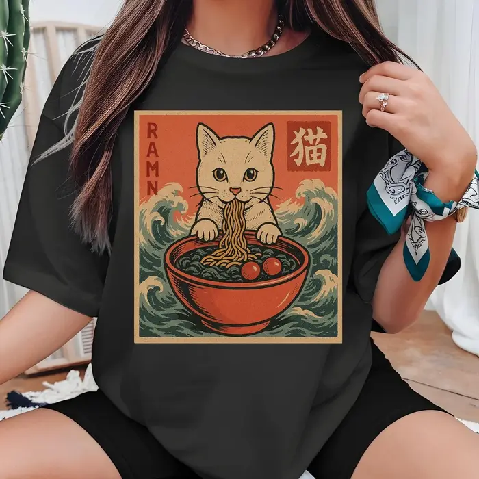 Chat japonais imprimé T-shirts femmes Manga graphique haut col en o Harajuku t-shirt femme vêtements haut tendance