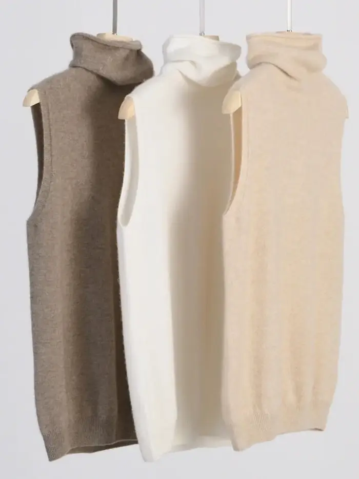 Femmes laine mérinos sans manches pulls col roulé pull gilet