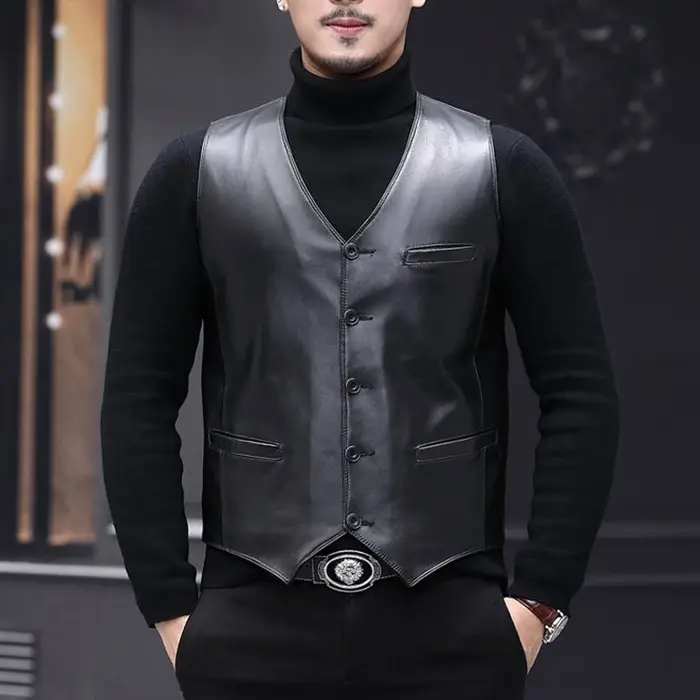Gilet classique en cuir véritable pour Hommes, en peau de mouton, col en v, pour l'hiver, chaud, déc
