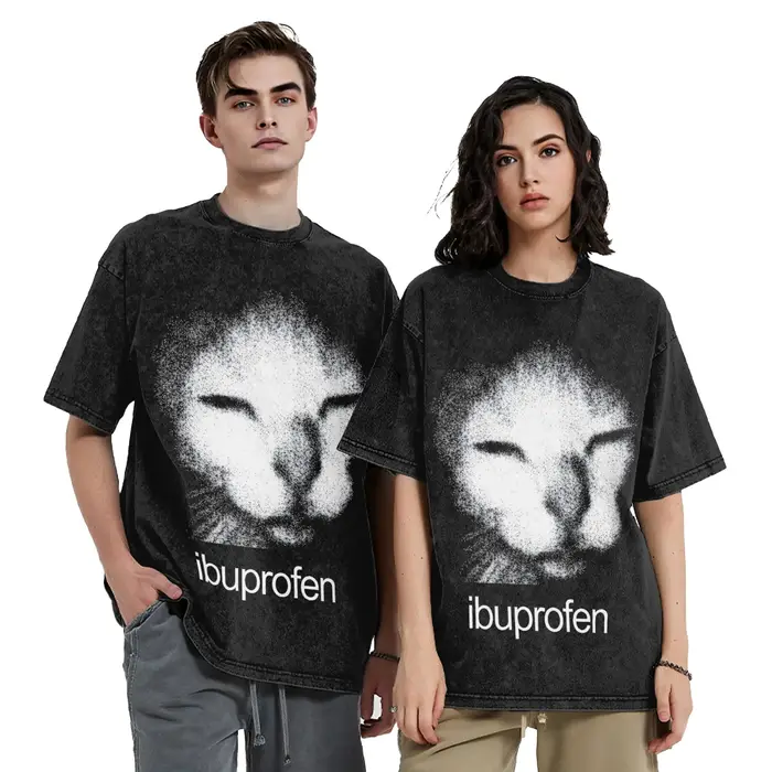 T-shirts délavés chat Meme Ibuprofen Hip Hop Vintage T-Shirt haute rue Streetwear coton imprimé hauts