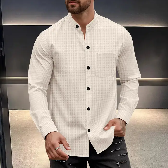 Chemise gaufrée pour homme, col montant tendance, boutonnée, et pantalon, ensemble 1/2 pièces, confo