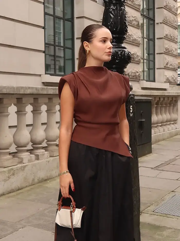 HH femme été décontracté asymétrique hauts 3 couleurs solide col rond sans manches dos fermeture éclair