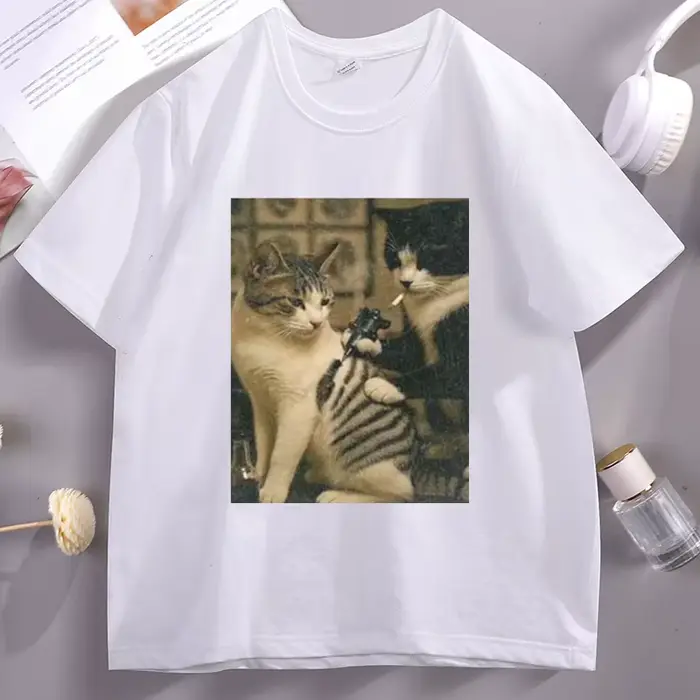 Tatouage chat Meme t-shirt décontracté coton à manches courtes t-shirts graphiques Streetwear haute qualité